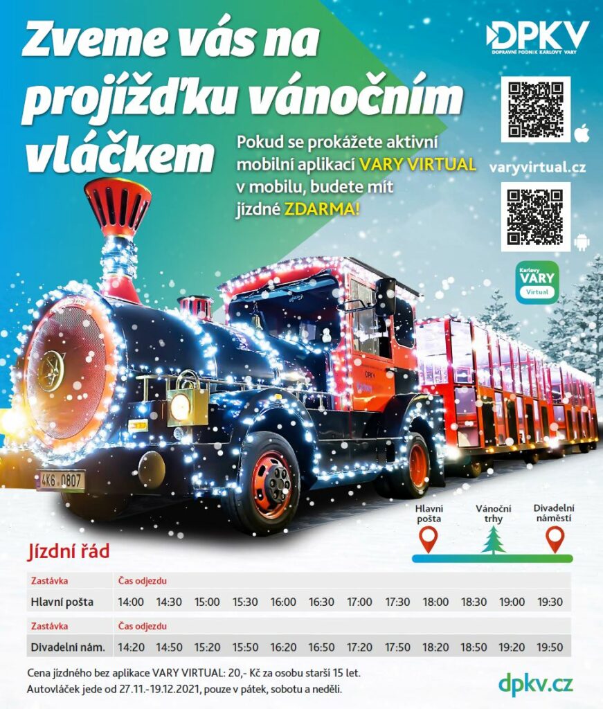 Plakát, na kterém je vláček a jízdní řád vánočního vláčku